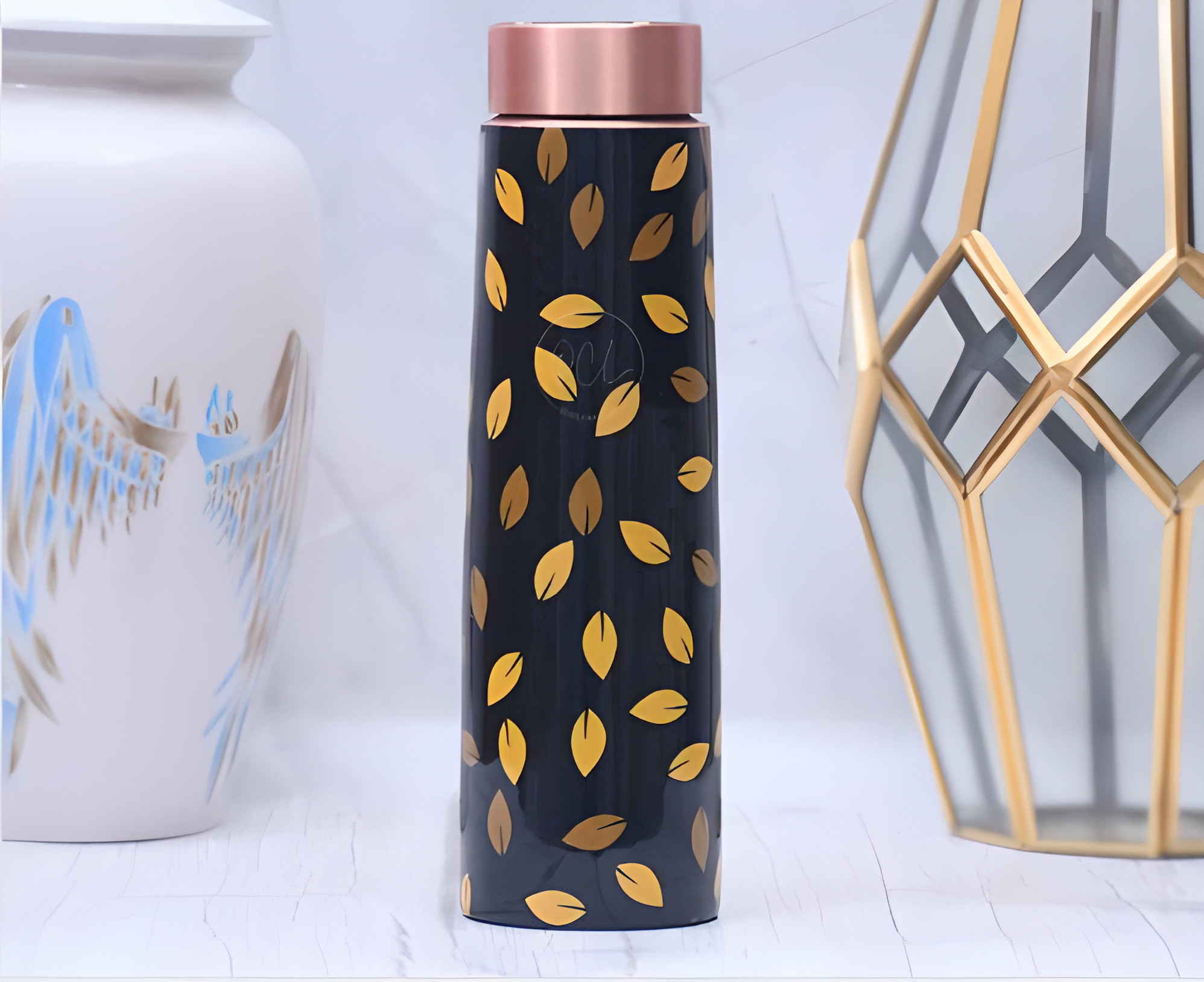 Leaf Design Printed Copper Water Bottle Enamel Leak Proof Capacity 1000 ML