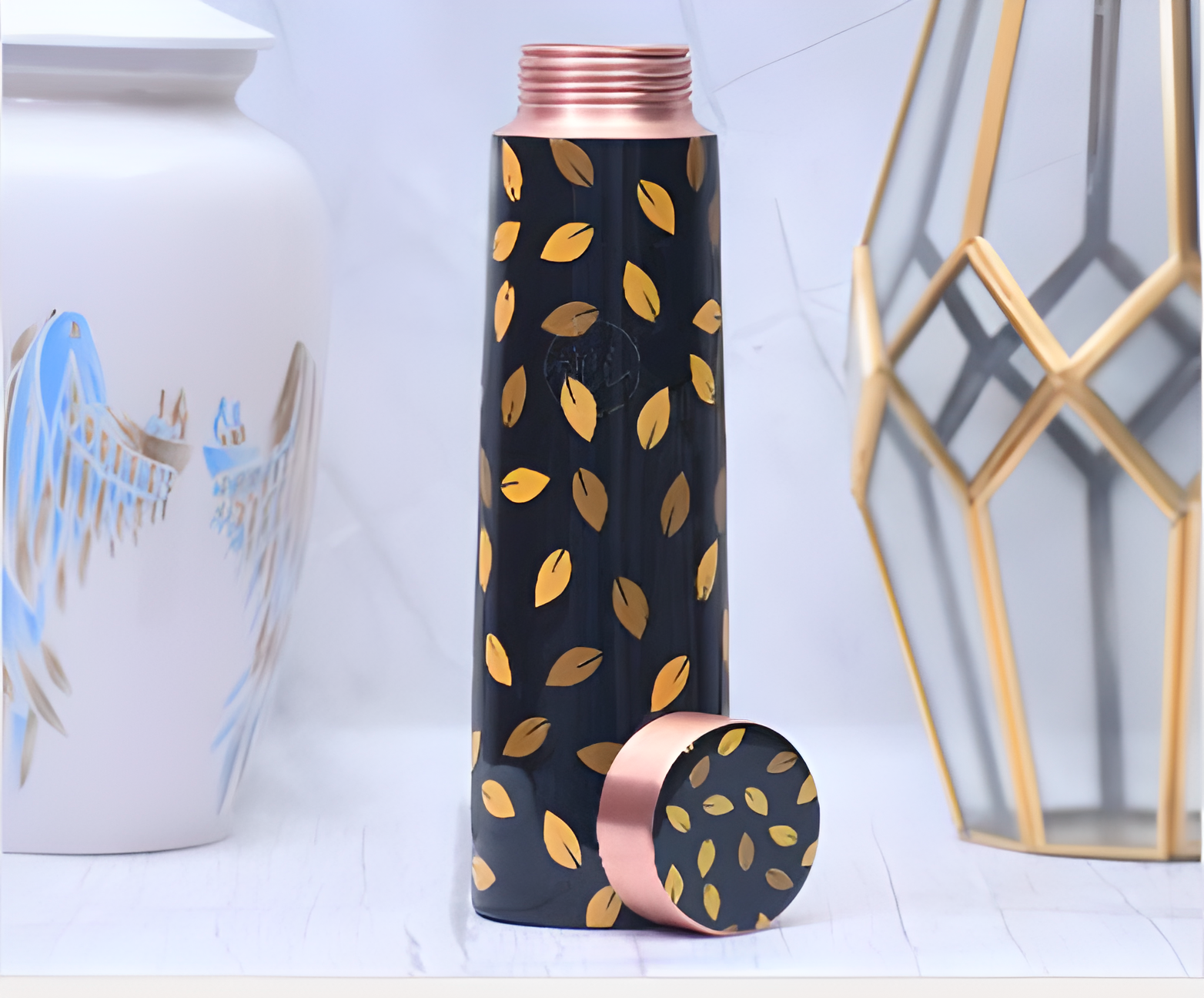 Leaf Design Printed Copper Water Bottle Enamel Leak Proof Capacity 1000 ML