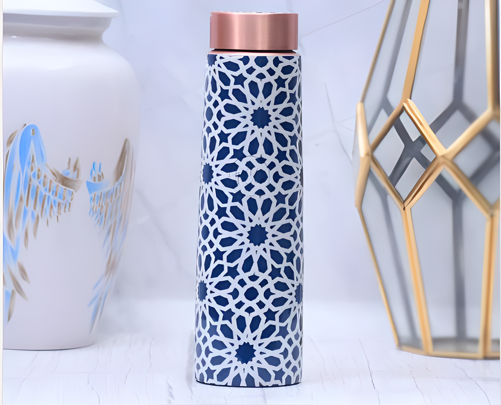 Indigo Blue Printed Copper Bottle Enamel Leak Proof Capacity 1000 ML