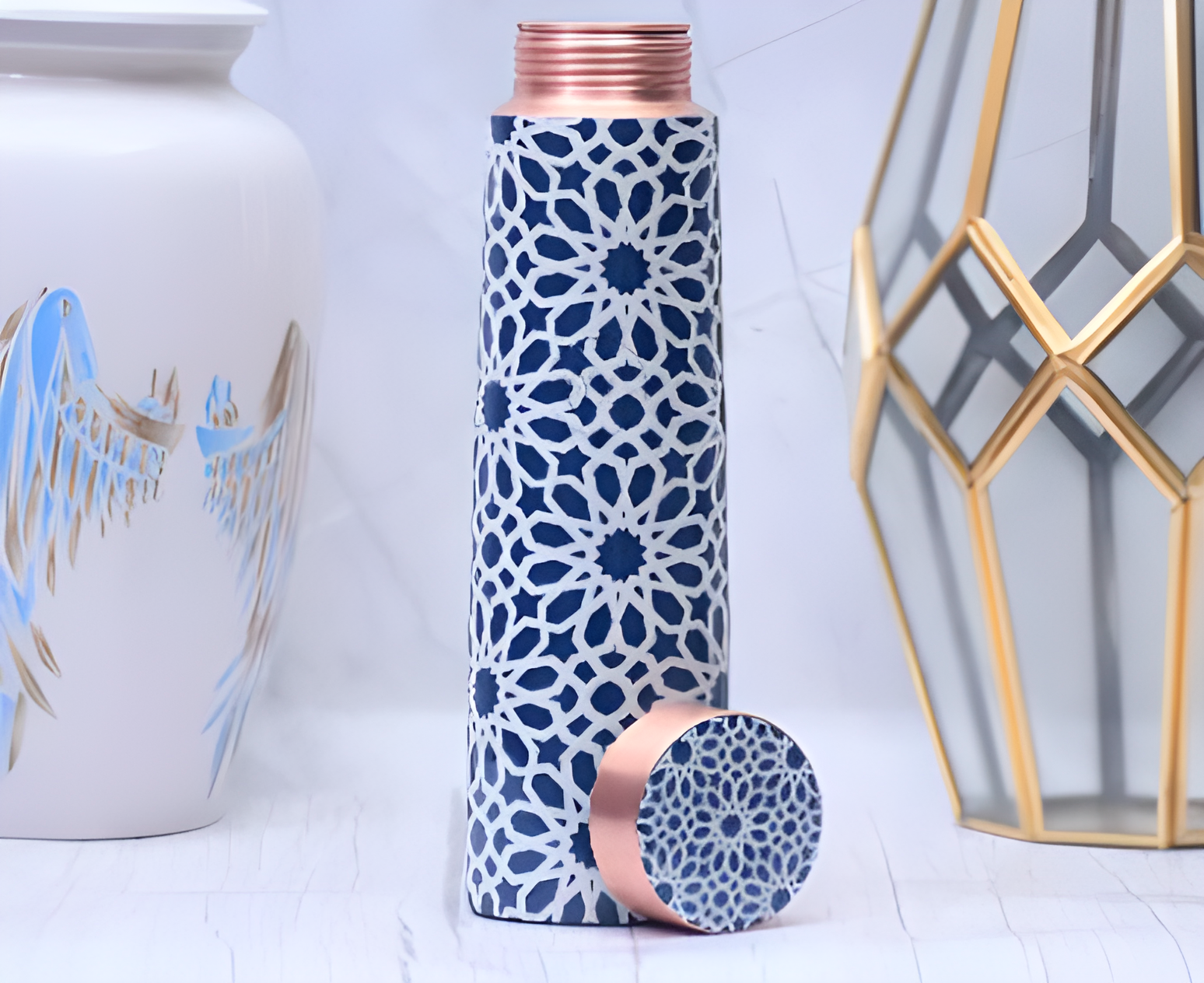Indigo Blue Printed Copper Bottle Enamel Leak Proof Capacity 1000 ML